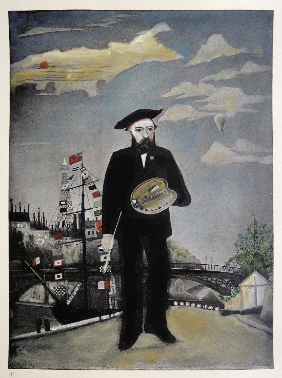 HENRI ROUSSEAU, hand colored and hand signed Litho: Henri Rousseau's hand colored and signed in the plate Lithograph, "Moi-même. Portrait". This beautiful watercolor Lithograph was published in 1927 in the suite "Rousseau" by Christian Zervos. Signed 