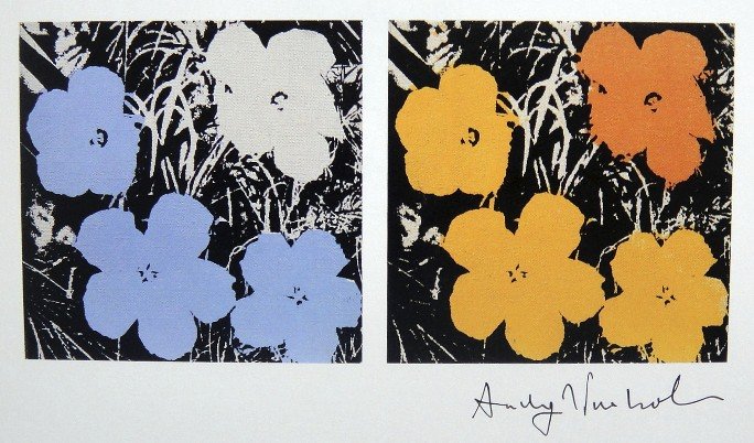 ANDY WARHOL, Signed Print, Flowers: Andy WARHOL, "Flowers", hand signed Offset Print. From a signed VIP-catalog from 1982. Hand signed by Andy Warhol in black pen. Size: 5.1 x 7.6 in (13 x 19 cm) printed on the back. Excellent condition