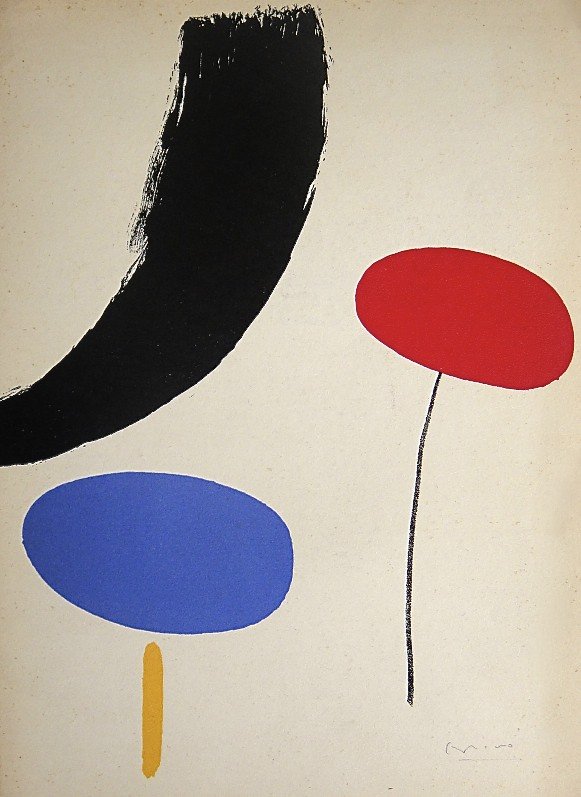 JOAN MIRO, Hand Signed Lithographie, 1954: Beautiful hand signed Lithograph by Joan MIRO "Cover", 1954. Hand signed by Joan Miro in pencil. This lithograph was part of the signed VIP book "The Graphic Work". Prov: Mourlot / Aimé Maeght; Städ