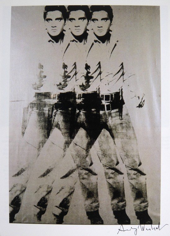ANDY WARHOL, Signed Print, Triple Elvis: Andy WARHOL, "Triple Elvis", hand signed Offset Print. From a signed VIP-catalog from 1982. Hand signed by Andy Warhol in black pen. Size: 10.5 x 7.9 in (27 x 20 cm) printed on the back. Excellent con
