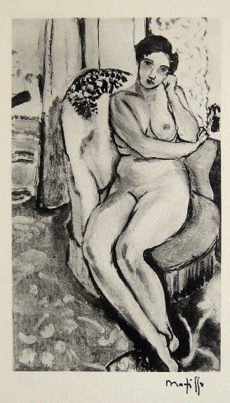 HENRI MATISSE, Hand Original Lithograph, Dessin, 19: Henri Matisse's original lithograph "Dessin" was published in 1920. Hand signed by Henri Matisse in black ink. From the rare VIP volume "Henri Matisse", par Elie Faure, Jules Romains, Charles Vildrac 