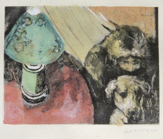 PIERRE BONNARD, hand colored and hand signed Litho: Wonderful hand colored and signed Lithograph by Pierre Bonnard. Watercolor on beautiful hand made paper. "La Lampe" was published in the rare suite "Bonnard" by Leon Werth, 1923. Edition: "Cahiers d'A