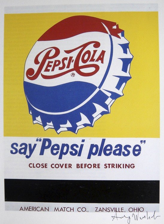 ANDY WARHOL, Signed Print, Pepsi - Cola: Andy WARHOL, "Pepsi - Cola", hand signed Offset Print. From a signed VIP-catalog from 1982. Hand signed by Andy Warhol in black pen. Size: 11.4 x 8.6 in (29 x 22 cm) printed on the back. Excellent con