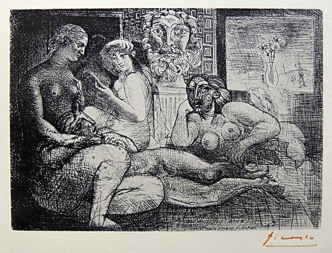 PABLO PICASSO, Suite Vollard, Quatre Femmes nues et: Original Picasso Lithograph form the "Suite Vollard". Hand signed in red pencil, 2. Ed. 1952. Prov: Galerie les Tourettes, Dr. A. Wertheimer, Paris. Size: 8.2 x 11 in (20 x 27 cm), with COA.