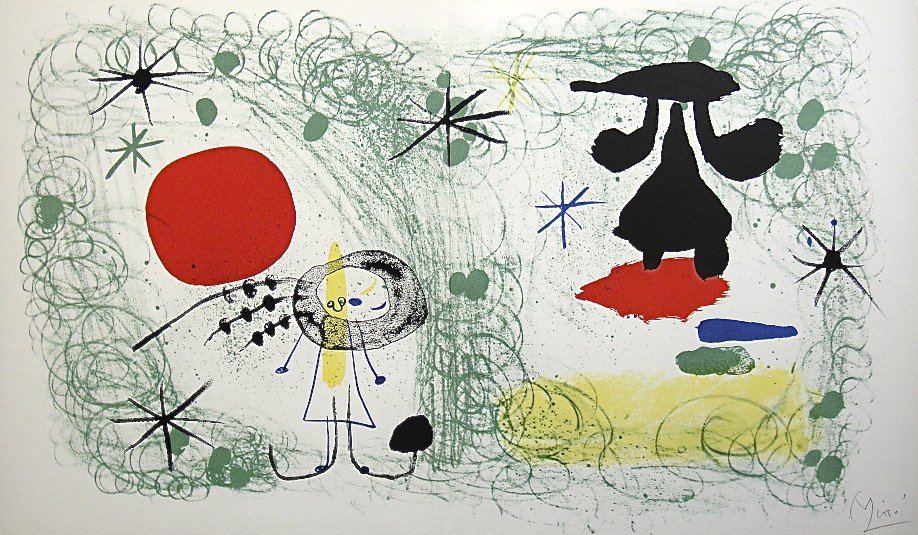 JOAN MIRO, Signed Lithograph, 1954: Joan MIRO, hand signed Lithograph, "Das Graphische Werk" 1954. Hand signed in pencil. Prov: Galerie Maeght, Paris. Size: 11.9 x 20.5 in (30 x 52 cm), double page with book fold and with COA.