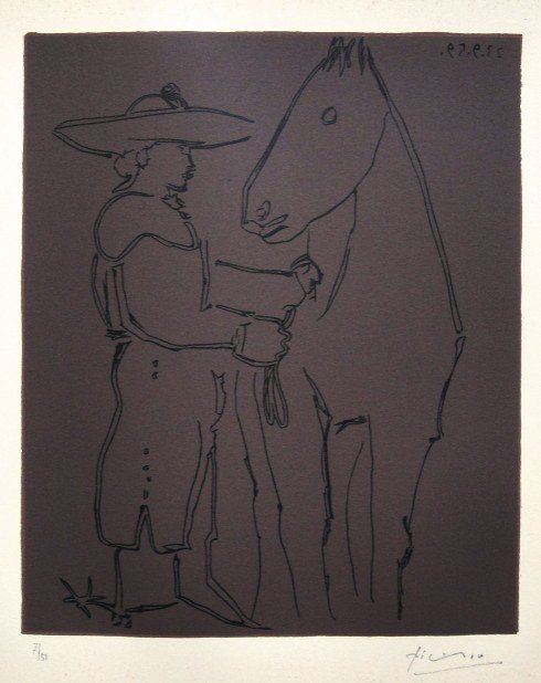 PABLO PICASSO, Hand signed Linocut, 1962: Pablo Picasso original hand signed Linocut, 1962. This extraordinary rare linocut "Picador et Cheval" (Bloch 912) was published in a limited issue of 50 copies: Numbered 7/50 and hand signed by Picass
