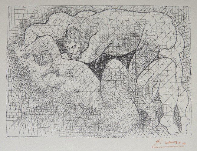 PABLO PICASSO, Suite Vollard, Le Viol: Original Picasso Lithograph form the "Suite Vollard". Hand signed in red pencil, 2. Ed. 1952. Prov: Galerie les Tourettes, Dr. A. Wertheimer, Paris. Size: 8.2 x 11 in (20 x 27 cm), with COA.