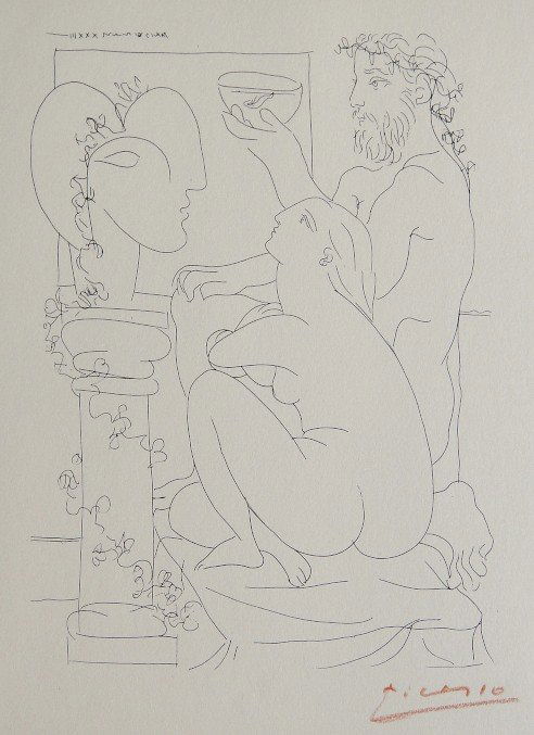 PABLO PICASSO, Suite Vollard, Sculpteur avec Coupe: Original Picasso Lithograph form the "Suite Vollard". Hand signed in red pencil, 2. Ed. 1952. Prov: Galerie les Tourettes, Dr. A. Wertheimer, Paris. Size: 8.2 x 11 in (20 x 27 cm), with COA.