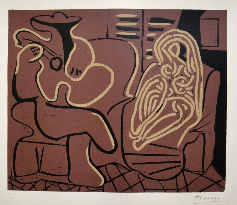 PABLO PICASSO, Hand signed Linocut, 1962: Pablo Picasso original hand signed Linocut, 1962. This extraordinary rare linocut "Femme dans un Fauteuil et Guitariste" (Bloch 917) was published in a limited issue of 50 copies: Numbered 7/50 and ha