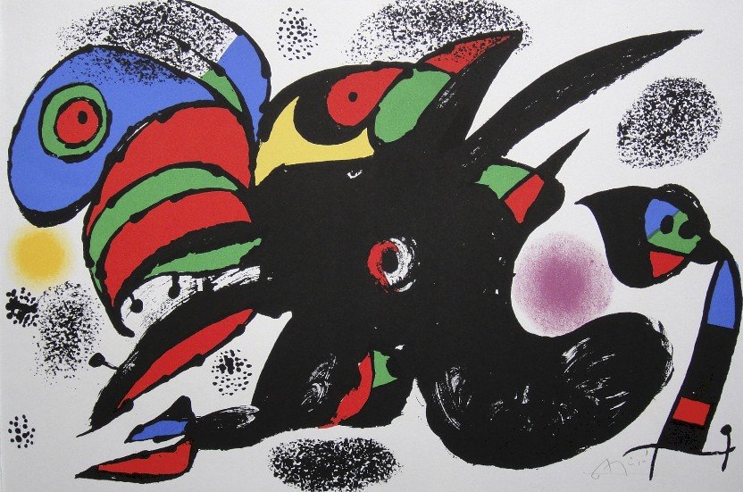 JOAN MIRO, Original signed Lihtograph, 1976: Wonderful signed Lithograph by Joan Miro. Hand signed by Joan Miro in pencil. From a rare VIP cataloge, published in Paris 1976. Size: 12.2 x 18.2 in (31 x 46 cm), double page with book fold. This rar