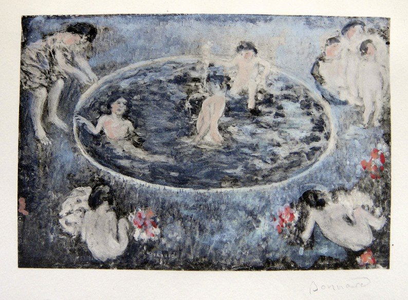 PIERRE BONNARD, hand colored and hand signed Lithog: Wonderful hand colored and signed Lithograph by Pierre Bonnard. Watercolor on beautiful hand made paper. "Les Enfants au Bassin" was published in the rare suite "Bonnard" by Leon Werth, 1923. Edition: