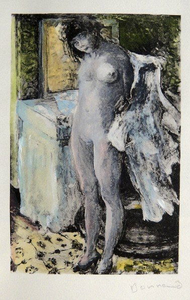 PIERRE BONNARD, hand colored and hand signed Litho: Wonderful hand colored and signed Lithograph by Pierre Bonnard. Watercolor on beautiful hand made paper. "Dans le Cabinet de Toilette" was published in the rare suite "Bonnard" by Leon Werth, 1923. Ed