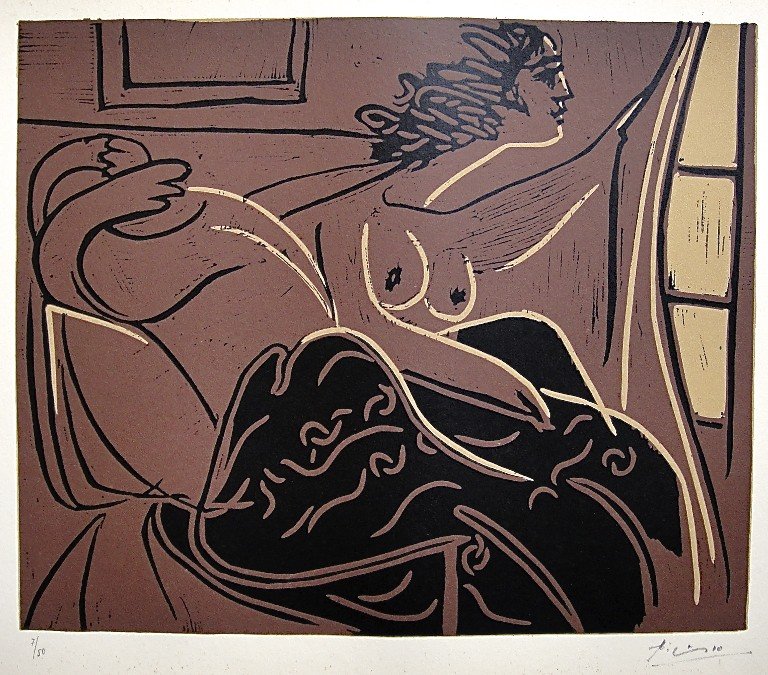 PABLO PICASSO, Hand signed Linocut, 1962: Pablo Picasso original hand signed Linocut, 1962. This extraordinary rare linocut "Femme regardant par la Fenêtre" (Bloch 925) was published in a limited issue of 50 copies: Numbered 7/50 and hand si