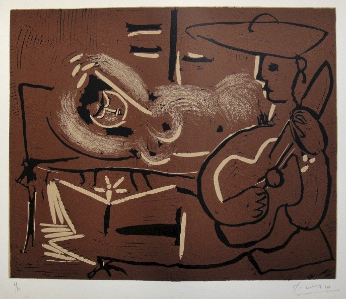 PABLO PICASSO, Hand signed Linocut, 1962: Pablo Picasso original hand signed Linocut, 1962. This extraordinary rare linocut "Femme couchée at Guitariste" (Bloch 918) was published in a limited issue of 50 copies: Numbered 7/50 and hand signe
