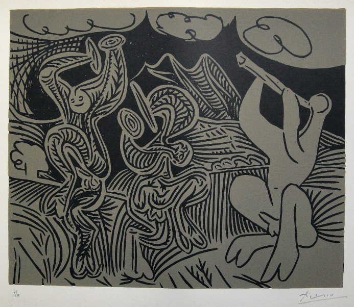 PABLO PICASSO, Hand signed Linocut, 1962: Pablo Picasso original hand signed Linocut, 1962. This extraordinary rare linocut "Danseurs et Musicien" (Bloch 939) was published in a limited issue of 50 copies: Numbered 7/50 and hand signed by Pic