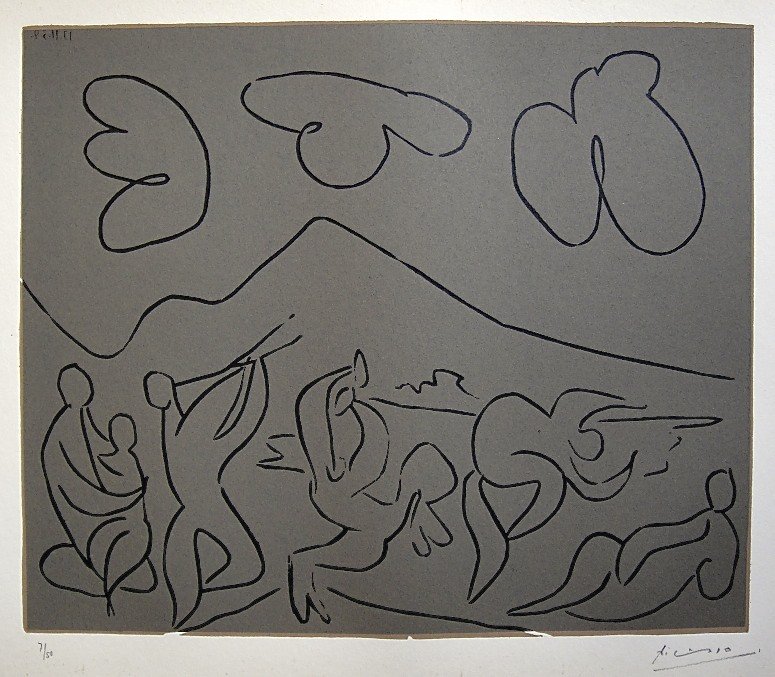 PABLO PICASSO, Hand signed Linocut, 1962: Pablo Picasso original hand signed Linocut, 1962. This extraordinary rare linocut "Baccanale" (Bloch 927) was published in a limited issue of 50 copies: Numbered 7/50 and hand signed by Picasso in pen
