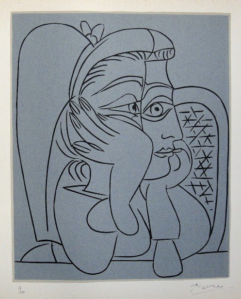 PABLO PICASSO, Hand signed Linocut, 1962: Pablo Picasso original hand signed Linocut, 1962. This extraordinary rare linocut "Femme accoudée" (Bloch 922) was published in a limited issue of 50 copies: Numbered 7/50 and hand signed by Picasso 