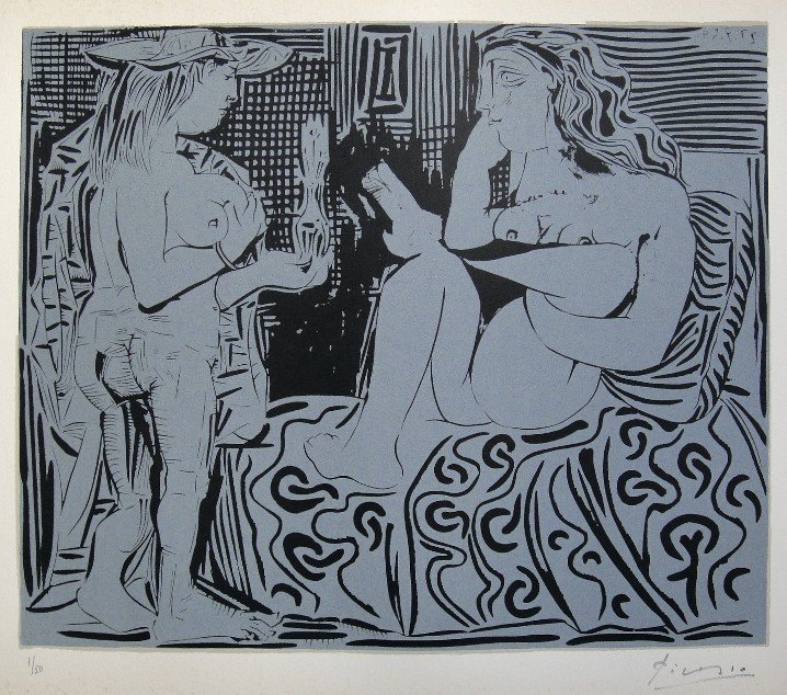 PABLO PICASSO, Hand signed Linocut, 1962: Pablo Picasso original hand signed Linocut, 1962. This extraordinary rare linocut "Deux Femmes" (Bloch 915) was published in a limited issue of 50 copies: Numbered 7/50 and hand signed by Picasso in p