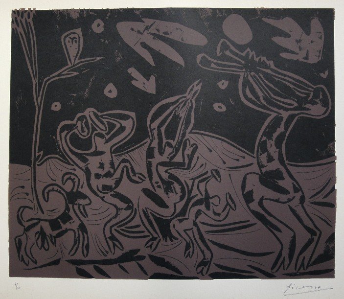 PABLO PICASSO, Hand signed Linocut, 1962: Pablo Picasso original hand signed Linocut, 1962. This extraordinary rare linocut "Les Danseurs au Hibou" (Bloch 936) was published in a limited issue of 50 copies: Numbered 7/50 and hand signed by Pi
