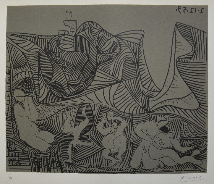PABLO PICASSO, Hand signed Linocut, 1962: Pablo Picasso original hand signed Linocut, 1962. This extraordinary rare linocut "Bacchanale au Hibou" (Bloch 938) was published in a limited issue of 50 copies: Numbered 7/50 and hand signed by Pica