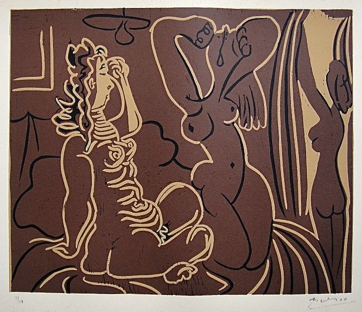 PABLO PICASSO, Hand signed Linocut, 1962: Pablo Picasso original hand signed Linocut, 1962. This extraordinary rare linocut "Trois Femmes" (Bloch 926) was published in a limited issue of 50 copies: Numbered 7/50 and hand signed by Picasso in 