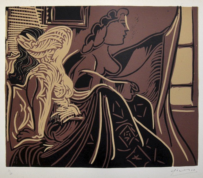 PABLO PICASSO, Hand signed Linocut, 1962: Pablo Picasso original hand signed Linocut, 1962. This extraordinary rare linocut "Deux Femmes près de la Fenêtre" (Bloch 924) was published in a limited issue of 50 copies: Numbered 7/50 and hand s