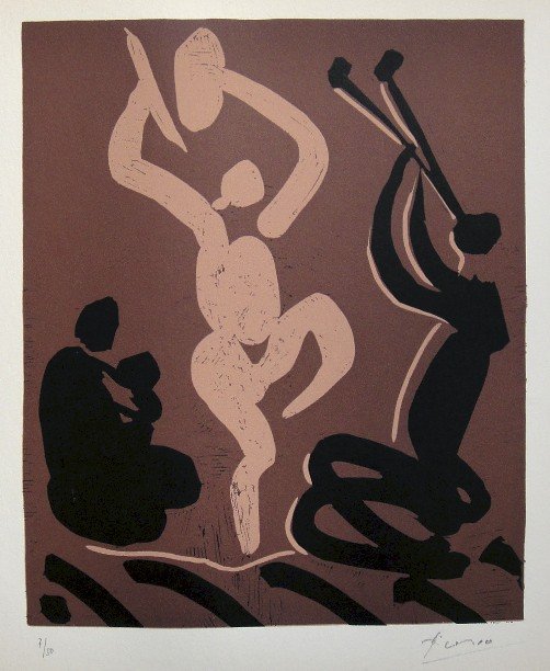 PABLO PICASSO, Hand signed Linocut, 1962: Pablo Picasso original hand signed Linocut, 1962. This extraordinary rare linocut "Mère, Danseur et Musicien" (Bloch 929) was published in a limited issue of 50 copies: Numbered 7/50 and hand signed 