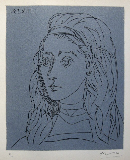 PABLO PICASSO, Hand signed Linocut, 1962: Pablo Picasso original hand signed Linocut, 1962. This extraordinary rare linocut "Jacqueline" (Bloch 923) was published in a limited issue of 50 copies: Numbered 7/50 and hand signed by Picasso in pe