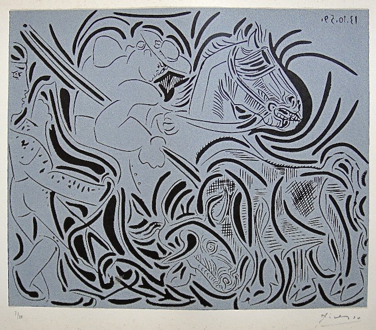 PABLO PICASSO, Hand signed Linocut, 1962: Pablo Picasso original hand signed Linocut, 1962. This extraordinary rare linocut "Pique" (Bloch 920) was published in a limited issue of 50 copies: Numbered 7/50 and hand signed by Picasso in pencil.
