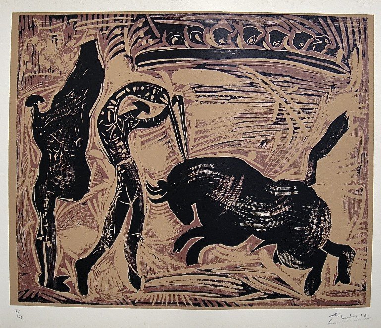 PABLO PICASSO, Hand signed Linocut, 1962: Pablo Picasso original hand signed Linocut, 1962. This extraordinary rare linocut "Les Banderilles" (Bloch 940) was published in a limited issue of 50 copies: Numbered 7/50 and hand signed by Picasso 