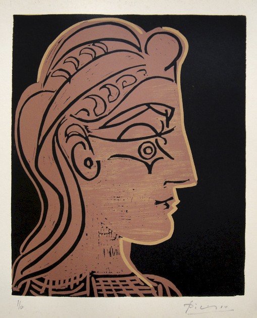 PABLO PICASSO, Hand signed Linocut, 1962: Pablo Picasso original hand signed Linocut, 1962. This extraordinary rare linocut "Tête de Femme" (Bloch 905) was published in a limited issue of 50 copies: Numbered 7/50 and hand signed by Picasso i