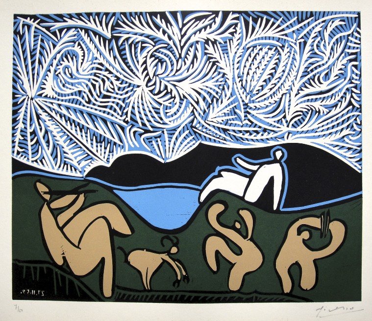PABLO PICASSO, Hand signed Linocut, 1962: Pablo Picasso original hand signed Linocut, 1962. This extraordinary rare linocut "Bacchanale" (Bloch 931) was published in a limited issue of 50 copies: Numbered 7/50 and hand signed by Picasso in pe