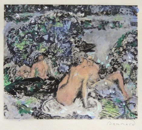 PIERRE BONNARD, hand colored and hand signed Lithog: Wonderful hand colored and signed Lithograph by Pierre Bonnard. Watercolor on beautiful hand made paper. "Les Demoiselles au Bord de l'Eau" was published in the rare suite "Bonnard" by Leon Werth, 192