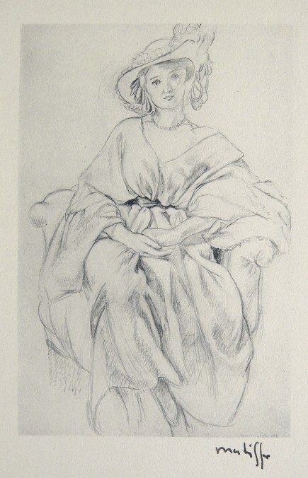 HENRI MATISSE, Hand Original Lithograph, Dessin, 1: Henri Matisse's original lithograph "Dessin" was published in 1920. Hand signed by Henri Matisse in black ink. From the rare VIP volume "Henri Matisse", par Elie Faure, Jules Romains, Charles Vildrac 