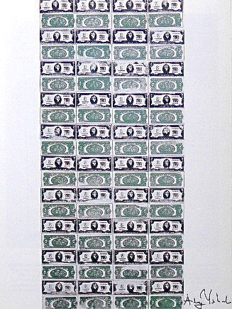 ANDY WARHOL, Signed Print, 80 Two Dollar Bills: Andy WARHOL, "80 Two Dollar Bills", hand signed Offset Print. From a signed VIP-catalog from 1982. Hand signed by Andy Warhol in black pen. Size: 11.8 x 8.6 in (30 x 22 cm), printed on the back. Excel