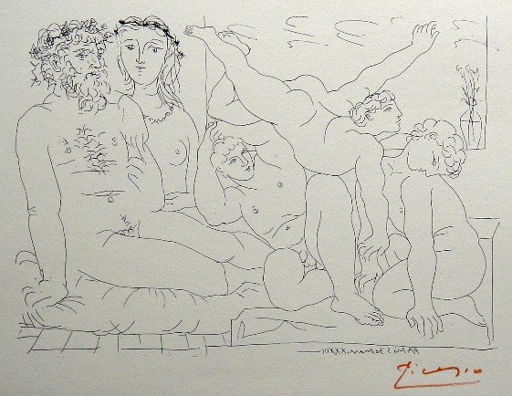 PABLO PICASSO Lithograph "Suite Vollard": Original Picasso Lithograph form the Suite Vollard "Famille de Saltimbanques" (Bloch 163). Hand signed in red pencil, Edition from 1952. Prov: Galerie les Tourettes, Dr. A. Wertheimer, Paris. Size: 8.