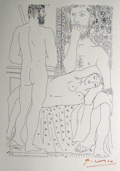 PABLO PICASSO Lithograph "Suite Vollard": Original Picasso Lithograph form the Suite Vollard "Sculpteur, Modle couchŽ et Sculpture" (Bloch 147). Hand signed in red pencil, Edition from 1952. Prov: Galerie les Tourettes, Dr. A. Wertheimer, Pa