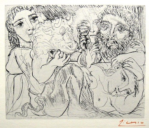 PABLO PICASSO Lithograph "Suite Vollard": Original Picasso Lithograph form the Suite Vollard "Minotaure, Buveur et Femmes" (Bloch 200). Hand signed in red pencil, Edition from 1952. Prov: Galerie les Tourettes, Dr. A. Wertheimer, Paris. Size: