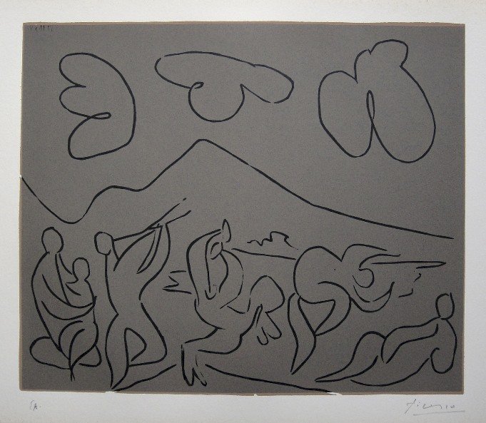 PABLO PICASSO, Hand signed Linocut, 1962: Pablo Picasso original hand signed Linocut, 1962. "Bacchananle" (Bloch 927) Signature and E.A. in pencil by Pablo Picasso. Edition published in 1962. Prov: Galerie les Tourettes, Dr. A. Wertheimer, Pa