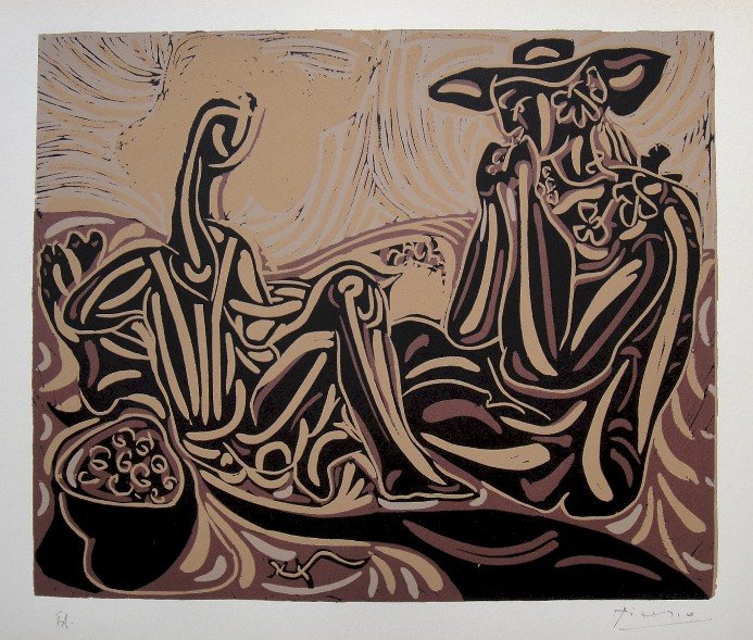 PABLO PICASSO, Hand signed Linocut, 1962: Pablo Picasso original hand signed Linocut, 1962. "Les Vendangeurs" (Bloch 937) Signature and E.A. in pencil by Pablo Picasso. Edition published in 1962. Prov: Galerie les Tourettes, Dr. A. Wertheimer
