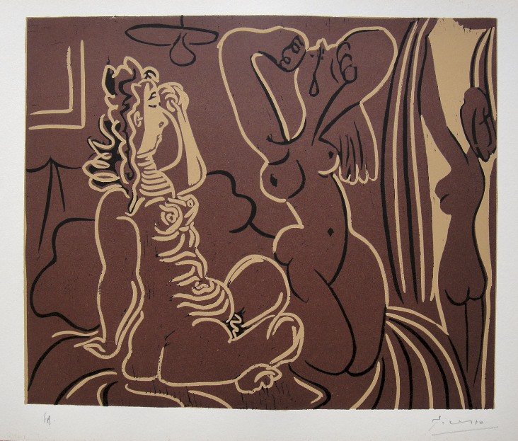 PABLO PICASSO, Hand signed Linocut, 1962: Pablo Picasso original hand signed Linocut, 1962. "Trois Femmes" (Bloch 926) Signature and E.A. in pencil by Pablo Picasso. Edition published in 1962. Prov: Galerie les Tourettes, Dr. A. Wertheimer, P