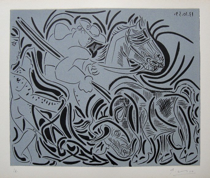 PABLO PICASSO, Hand signed Linocut, 1962: Pablo Picasso original hand signed Linocut, 1962. "Pique" (Bloch 920) Signature and E.A. in pencil by Pablo Picasso. Edition published in 1962. Prov: Galerie les Tourettes, Dr. A. Wertheimer, Paris. S