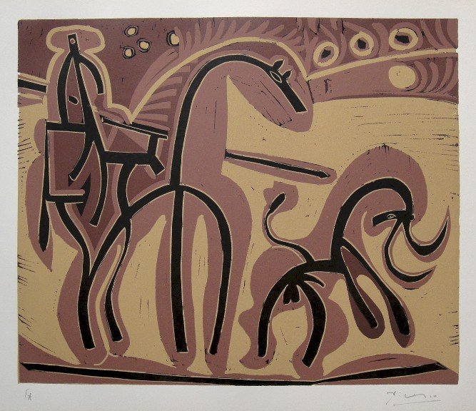 PABLO PICASSO, Hand signed Linocut, 1962: Pablo Picasso original hand signed Linocut, 1962. "Picador et Taureau" (Bloch 907) Signature and E.A. in pencil by Pablo Picasso. Edition published in 1962. Prov: Galerie les Tourettes, Dr. A. Werthei