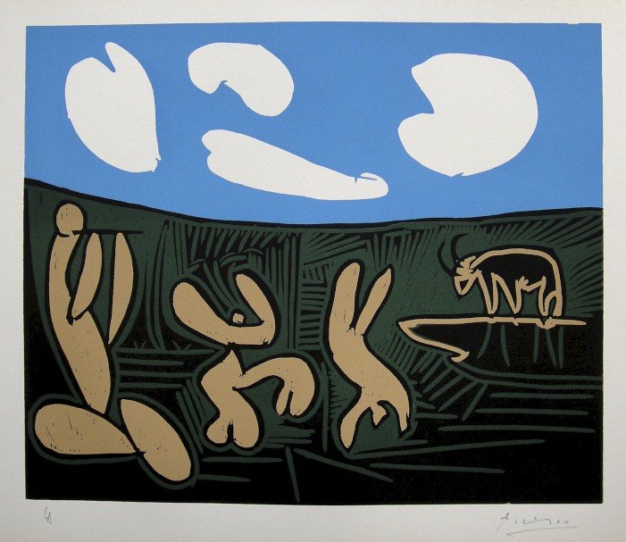 PABLO PICASSO, Hand signed Linocut, 1962: Pablo Picasso original hand signed Linocut, 1962. "Bacchananle au Taureau" (Bloch 933) Signature and E.A. in pencil by Pablo Picasso. Edition published in 1962. Prov: Galerie les Tourettes, Dr. A. Wer