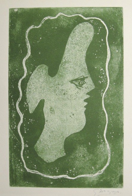 GEORGES BRAQUE, Signed Lithograph, 1963: Georges BRAQUE, signed Lithograph "Green Head" 1963. Hand signed by Braque in pencil. Signed VIP book edition of "Lithograph". Printed by Fernand Mourlot and AndrŽ Sauret, Union de Paris / 1963. Size