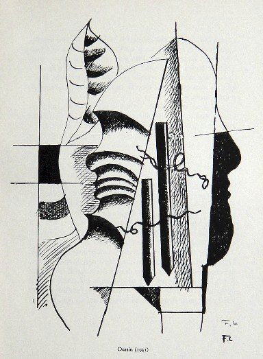 Fernand Leger, Signed Lithograph, 1949: Fernand Leger signed lithograph "Dessin" published in a VIP book from 1949. Hand signed F.L. in pencil by Leger. Edition des Trois Collines, Geneve. Size: 9.1 x 7.1 in ( 23 x 18 cm), printed on the ba