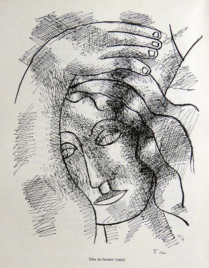 Fernand Leger, Signed Lithograph, 1949: Fernand Leger signed lithograph "Tete de femme" published in a VIP book from 1949. Hand signed F.L. in pencil by Leger. Edition des Trois Collines, Geneve. Size: 9.1 x 7.1 in ( 23 x 18 cm), printed on