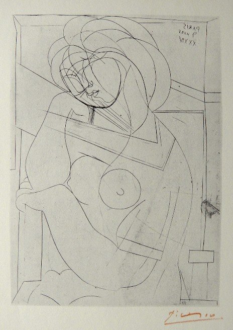 PABLO PICASSO Lithograph "Suite Vollard": Original Picasso Lithograph form the Suite Vollard "Femme nue assise, la Tete appuyee sur la Main" (Bloch 218). Hand signed in red pencil, Edition from 1952. Prov: Galerie les Tourettes, Dr. A. Werthe