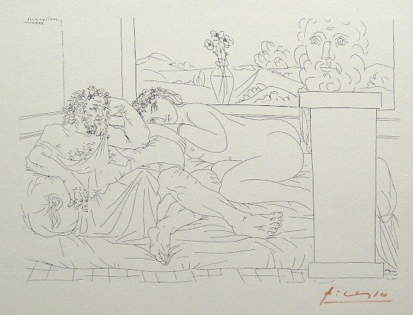 PABLO PICASSO Lithograph "Suite Vollard": Original Picasso Lithograph form the Suite Vollard "Le Repos du Sculpteur IV" (Bloch 174). Hand signed in red pencil, Edition from 1952. Prov: Galerie les Tourettes, Dr. A. Wertheimer, Paris. Size: 8.