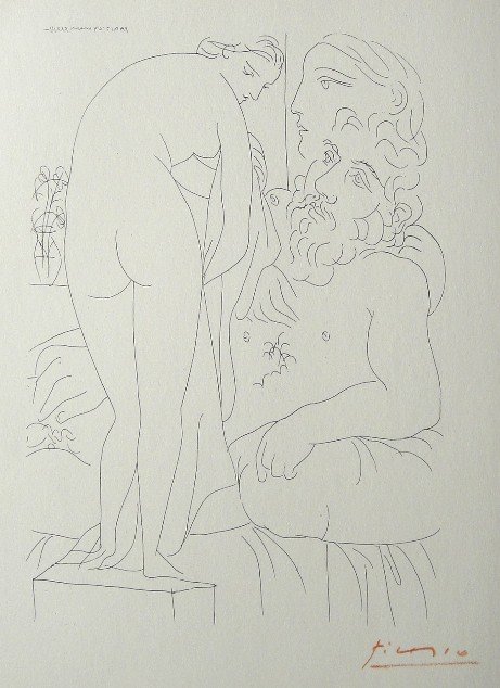 PABLO PICASSO Lithograph "Suite Vollard": Original Picasso Lithograph form the Suite Vollard "Le Repos du Sculpteur devant un Nu a la Draperie" (Bloch 160). Hand signed in red pencil, Edition from 1952. Prov: Galerie les Tourettes, Dr. A. Wer